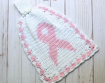 Cancer Ribbon Towel Crochet Pattern: Unique Tapestry Crochet Design with Buttoned Tab Topper Easy With Full & Partial Charts