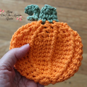May include: A crocheted orange pumpkin with a green stem. The pumpkin is made using single crochet stitches and has a textured surface.