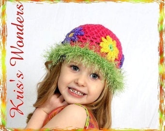 Mesh Hat Crochet Pattern - Retro Daisy Hat - Sun Hat 4 Girls - 2t thru 7yr Patterns - Novelty Yarn Trimming - KrissysOverTheMountainCrochet