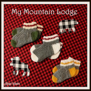May include: Three pairs of gray crochet socks with colorful accents. The socks have red, white, and green stripes, red and white stripes, and yellow and white stripes. The socks are on a red and black checkered background with black and white cutouts of a bear and a moose.