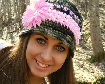 Bucket Hat Crochet Hat Pattern - Camo and Pink - 12mo - Adult Lg - Multiple Stitch - DIY Flower App - Krissy's Over The Mountain Crochet