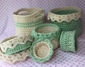 Crochet Basket Pattern Ebook: Drop Over Lace Edge, Large Basket with Handles (PDF)