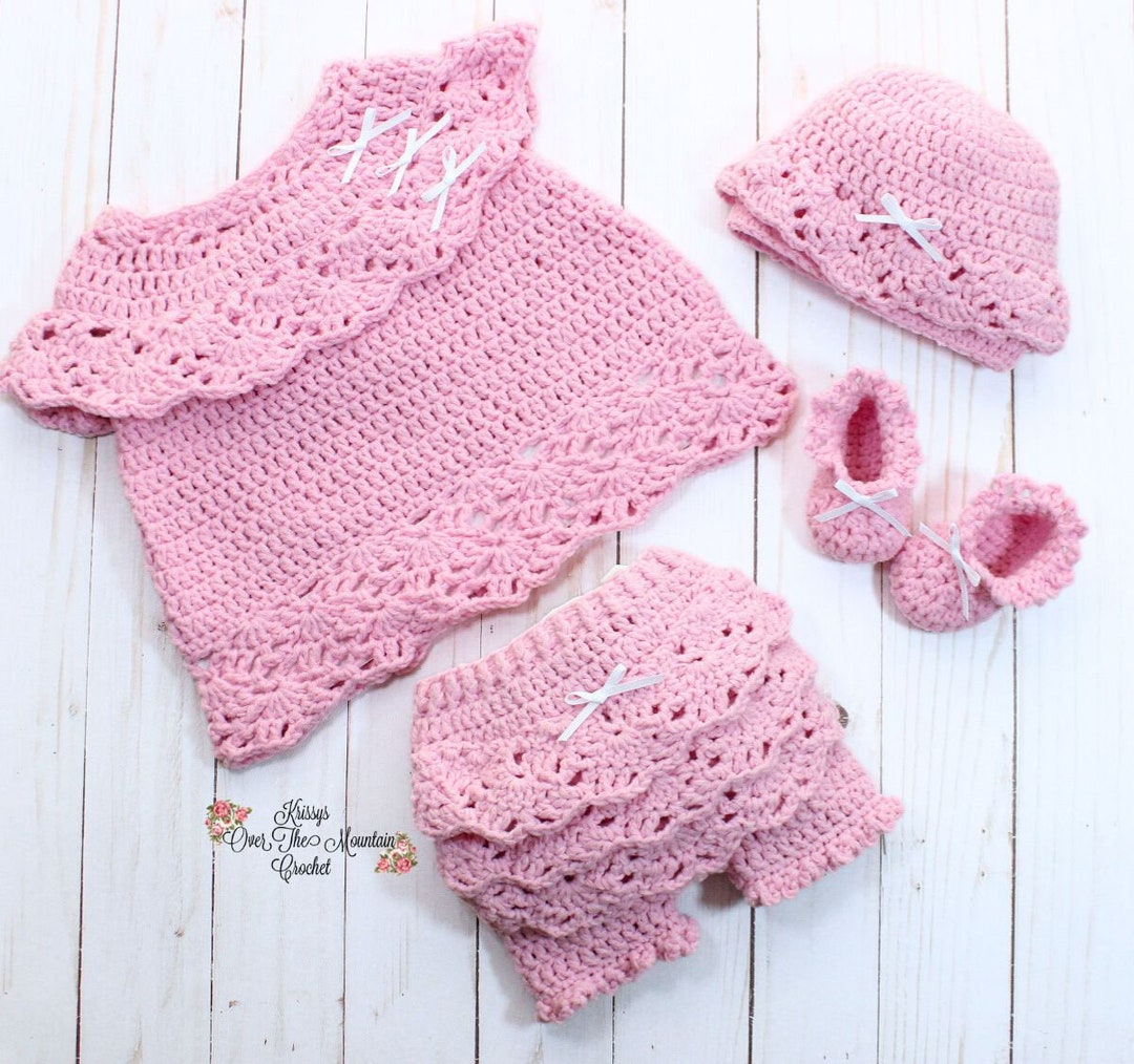 Baby Layette Crochet Patterns Bundle Infant Dress Baby Bloomers Infant Shoes Baby Hat 4 Patterns