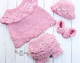 Crochet Baby Layette Patterns: Dress, Bloomers, Shoes, Hat (4 Patterns Included)