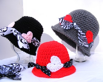Crochet Flapper Cloche Hat Pattern: Heart Applique, Ribbon Detail (PDF Pattern)