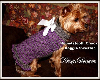 Dog Sweater Crochet Pattern - Houndstooth Check Doggie Sweater - Yorkie Chihuahua Teacup - Kitty Sweater - Cat Sweater