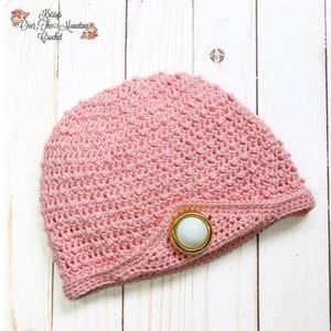 Pink Pearls Chemo Cap Crochet Pattern - Comfort Care Beanie - Soft Bamboo Yarn - Vintage Style - Turned Up Brim - PDF Pattern