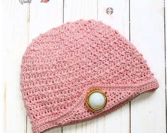 Pink Pearls Chemo Cap Crochet Pattern - Comfort Care Beanie - Soft Bamboo Yarn - Vintage Style - Turned Up Brim - PDF Pattern