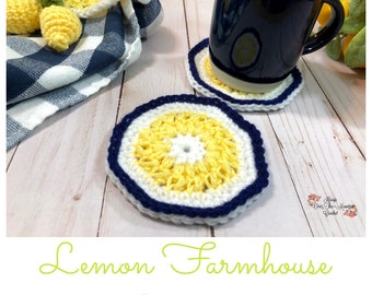 Lemon Coaster Crochet Pattern - Thirsty Cotton Beverage Coaster Farmhouse Table Decor (PDF Pattern)