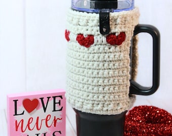 Crochet Heart Tumbler Wrap Pattern | 40oz Cup Sleeve with Handle | Tumbler Cozy | Valentine or Teacher Crochet Gift
