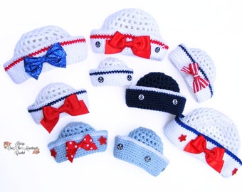 Crochet Sailor Hat Pattern: Easy 8 Sizes, Pull Tie Bow Tutorial (PDF Pattern)