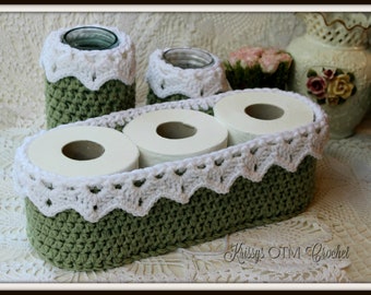 Crochet Basket Pattern - Lace Crochet Tissue Cover - Crochet Bath Set - Vintage Victorian Heirloom Bath Set - Toilet Paper Basket