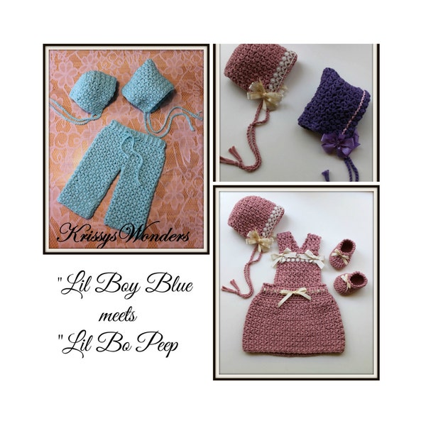 5 Crochet Patterns - Ebook - Lil Boy Blue meets Lil Bo Peep - 5 patterns - Crochet Pixie Hat Bonnet Pattern - Crochet Pants