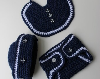 Sailor Crochet Hat Pattern - Sailor Diaper Cover - Crochet Sailor Bib - Krissys Over The Mountain Crochet