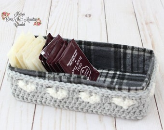 Coffee Bar Crochet Tea Basket Pattern - Easy & Quick - Heart Stitch - Farmhouse Decor Kitchen Decorations - Spa Valentine's Gift Idea