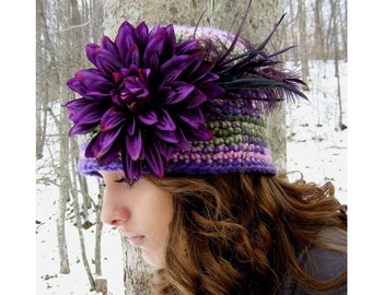 Crochet Hat Pattern Flapper Preemie Baby to Adult Large Vintage Inspired Purple Flower Feather Tutorial PDF No.19