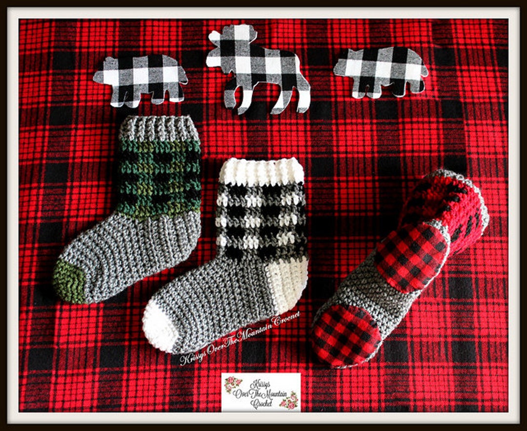Crochet Pattern for Plaid Boot Socks Slippers Tutorial for Flannel Pads Size 2t-4t Childs Ladies ...