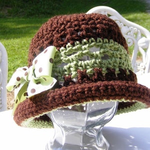 Crochet Hat Pattern - Rolled Brim Bow Green Brown 18 mo thru Adult - Warm Winter Hat - Krissy's Over The Mountain Crochet