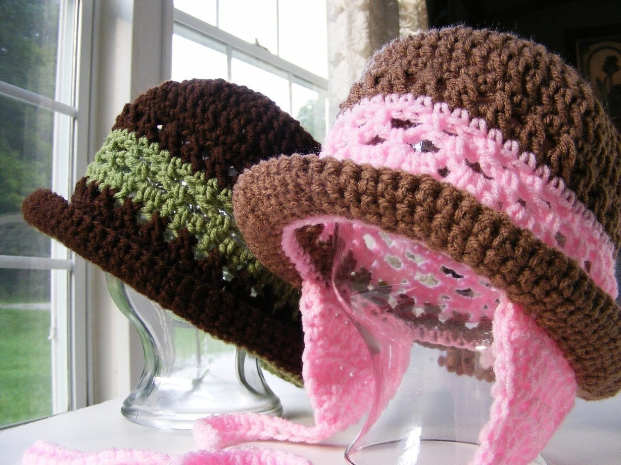 12 mo thru Adult Permission to Sell No.24 Pink Brown Earflap Hat with Bow Rolled Brim Crochet Hat Patterns