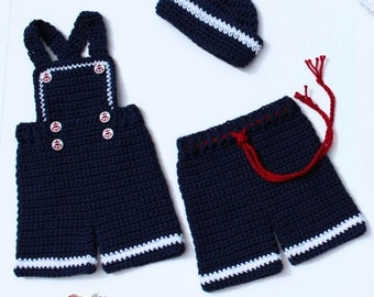 Crochet Patriotic Baby Outfit Patterns: Sailor Hat, Shortalls & Shorts (Preemie to 3 Months)