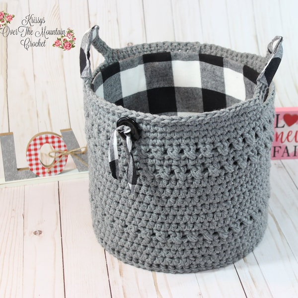 Large Basket With Handles Crochet Pattern - Fabric Covered Cardboard Insert Tutorial - Home Bath Bedroom Decor - Baby Birthday Bridal Gift