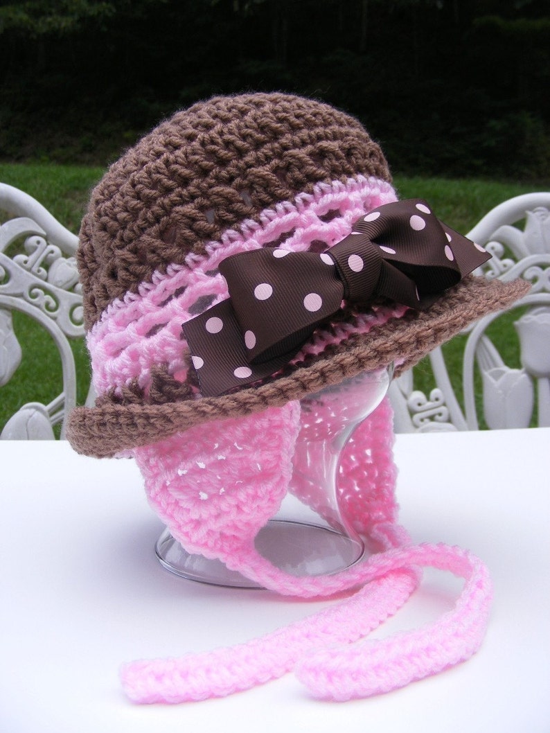 12 mo thru Adult Permission to Sell No.24 Pink Brown Earflap Hat with Bow Rolled Brim Crochet Hat Patterns