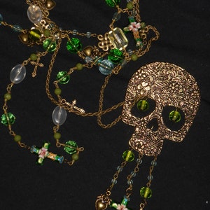 Wearable Art Statement Piece Macabre Long Day of the Dead Sugar Skull Glass Beaded Multi Strand Necklace Goth Rennaissance Ren Fair