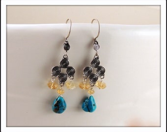 Turquoise and Faceted Citrine Chandelier Earrings