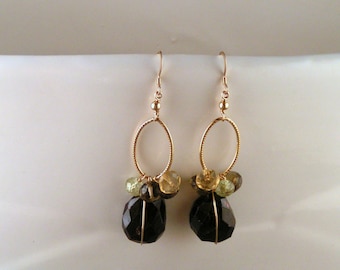 Wrapped Garnet, Smoky Quartz, Citrine & Prehnite Earrings