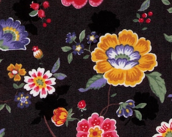 HALF YARD Yuwa - Retro Floral Bright on Black- 11-6569 E Atsuko Matsuyama - Flower, Bud, Bouquet, Wild Flower  Japanese Import