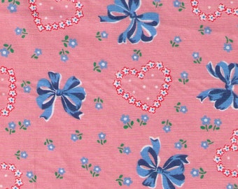 HALF YARD Yuwa - Blue Bows, Hearts and Flowers on Light PINK 826601-D Atsuko Matsuyama 30s collection