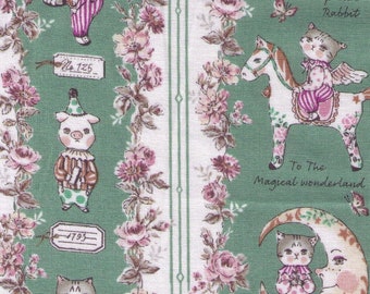 HALF YARD Yuwa - Sobakasu Kids - Magical Wonderland in Green - Bunny, Dog, Cat - Horse, Moon, Lullaby, Circus, Rabbit - Quilting Cotton