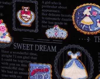 HALF YARD - Snow White and the Seven Dwarfs on BLACK - Photo Realistic Sugar Cookies and Text - 36010-2D Huntsman, Red Rose, Evil Queen