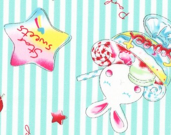 FAT QUARTER - Lecien - Nico Nico Land - Bunny Sundae and Sweet Treats on Aqua Stripe 40895-70 - Cotton Oxford - Japanese Import