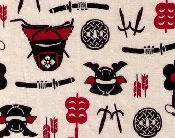 FAT QUARTER Sevenberry - Samurai Sword and Shield on IVORY  - Japanese Import