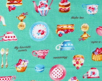 FAT QUARTER - Cosmo Textile - Petite Patisserie Mix on Turquoise BLUE - AP76408-2C - Pastry, Tea, Macaron, Cake, Cafe, Plate
