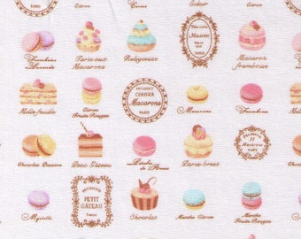 HALF YARD Yuwa - Mini Paris French Patisserie on Ivory Cream 816850-F PASTEL - Éclair, Macarons, Palmier, Tart, Cake Dessert - Japanese