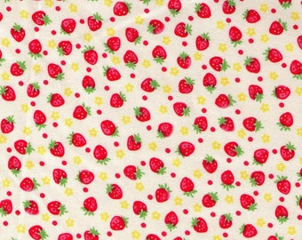 HALF YARD Yuwa - Mini Red Strawberries, Tiny Flowers and Polka Dots on IVORY  826597-D - Atsuko Matsuyama 30s collection