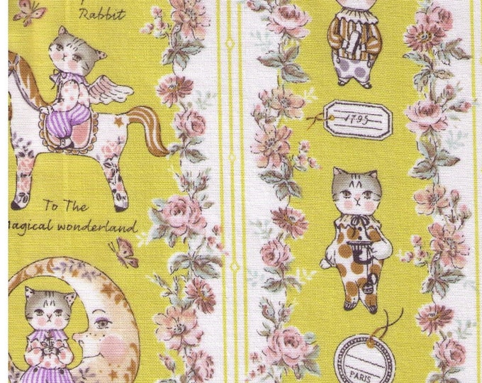 Featured listing image: HALF YARD Yuwa - Sobakasu Kids - Magical Wonderland in Chartreuse - Bunny, Dog, Cat - Horse, Moon, Lullaby, Circus, Rabbit - Quilting Cotton