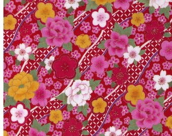 HALF YARD - Pink and Red Sakura and Chrysanthemum Flowers with Gold Metallic Accents on Red - 850184-D21 - Cherry Blossom
