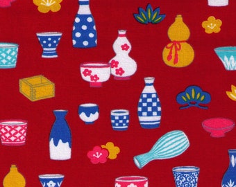 FAT QUARTER Cosmo Textile - Traditional Japanese Sake Bottles on RED - 81405 3C - Japanese Import Serving Dishes Wooden Cup