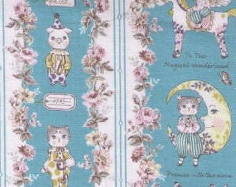 HALF YARD Yuwa - Sobakasu Kids - Magical Wonderland in Blue - Bunny, Dog and Cat - Horse, Moon, Lullaby, Circus, Rabbit - Quilting Cotton
