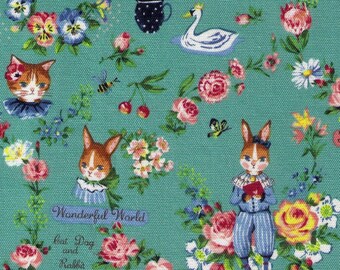 HALF YARD Yuwa - Sobakasu Kids Wonderful World Season on GREEN - Cat Dog, Rabbit - Cotton Oxford - Swan, English Rose Garden, Paris, Bunny
