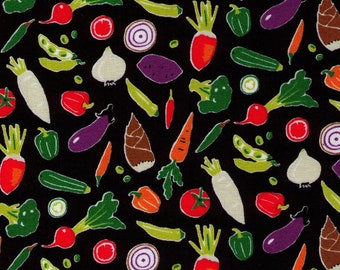 HALF YARD Cosmo Textile - Veggies on Black -AP05810 - Quilting Cotton - Onions Tomato Peas Kiwi Green Beans Broccoli turnip carrot