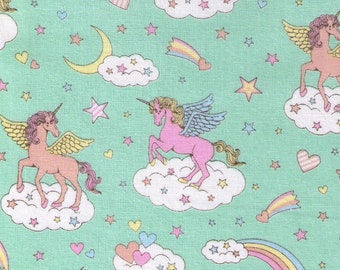 FAT QUARTER Cosmo Textile - Vanilla Pop - Winged Unicorn Mix Mint GREEN - AP45505-1D - Pegacorn Mythical, Heart, Rainbow, Cloud - Japanese