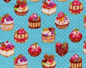 FAT QUARTER - Cosmo Textile - Perfect Pastries and Polka Dots on BLUE - AP81602-2C - Cotton Oxford Dessert Strawberry - Japanese Import