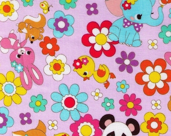 HALF YARD Cosmo Textile - Kawaii Animals and Flowers on Lavender PURPLE  02405-2D - Panda, Duck, Elephant, Bunny, Rabbit - Japanese Import