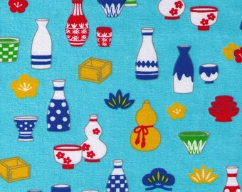 FAT QUARTER Cosmo Textile - Traditional Japanese Sake Bottles on AQUA - AP81405 3B - Japanese Import Serving Dishes Wooden Cup
