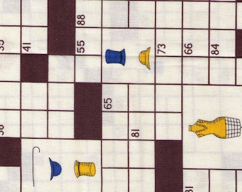 HALF YARD Yuwa - Crossword Puzzle with Vintage Motifs and Text on Cream - PD2214C - Yellow, Brown and Blue - Japanese Import Fabric