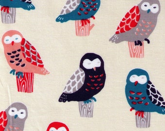 FAT QUARTER Cosmo - Perching Owls on Cream - Cotton Sheeting - Bird, Animal Japanese Import